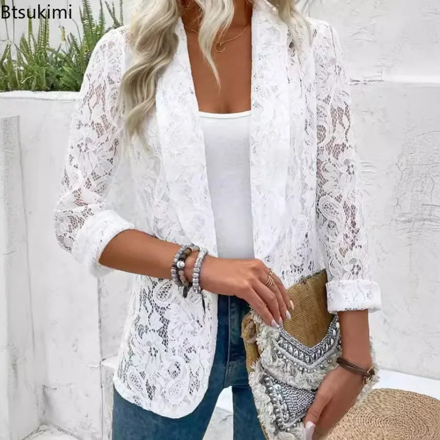 2024 New Women's Small Suit Coats Fashion Lace Splice Mesh Long Sleeve Slim Fit Blazers Females Solid Temperament Cardigan Coats