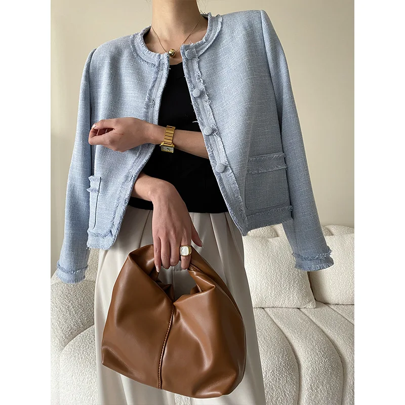 Blue jacket classic elegant little fragrance early autumn braided wool trimmed short jacket one piece style