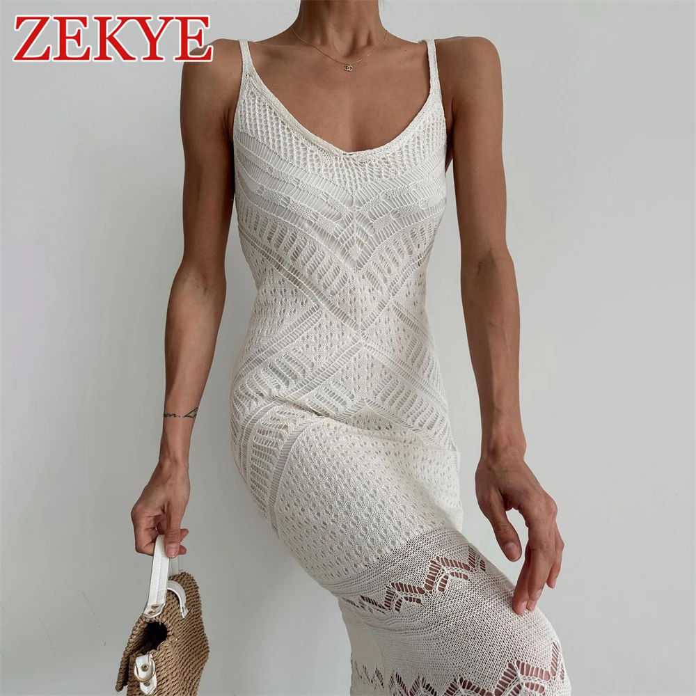 Zekye Spaghetti Straps Maxi Crochet Dress For Women 2024 Summer Hollow Out Vacation Beach Boho V Neck Long Dresses Sexy Knitted