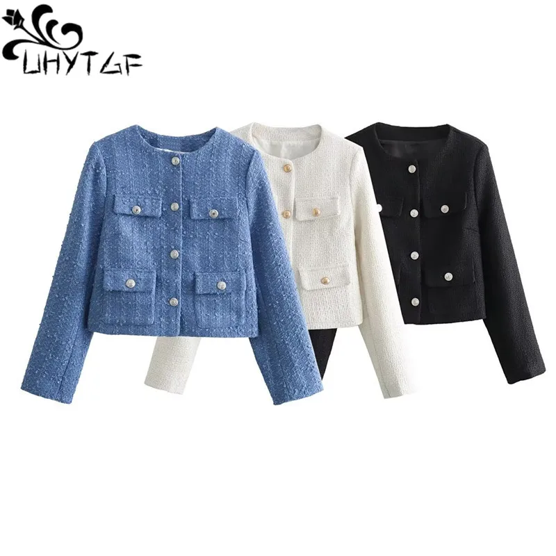 

Women Fashion Spring New Flip Pocket Jacket Single-breasted Crewneck Tweed Short Coats Chic Ladies Tops Mujer 3023