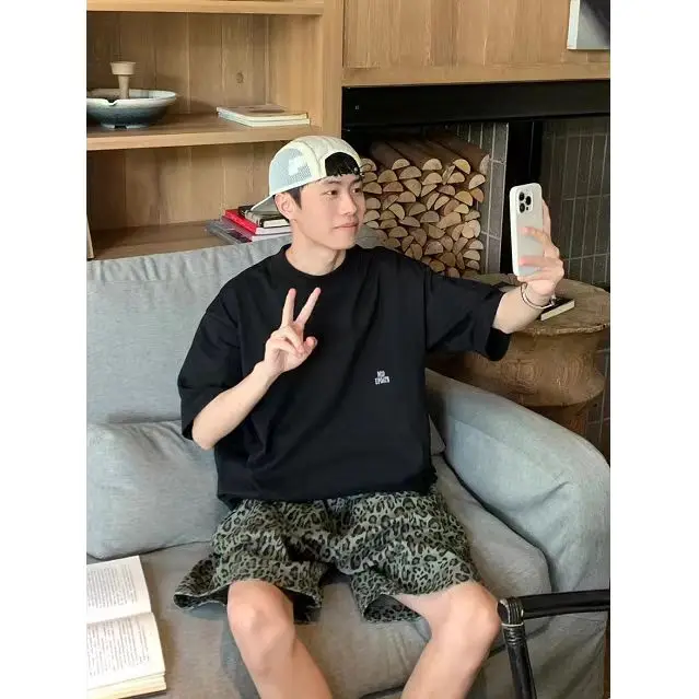 American Retro Camouflage Leopard Print Men's Loose Fit Five-Quarter orts Casual Loose Dstring Workwear Sle Youthful