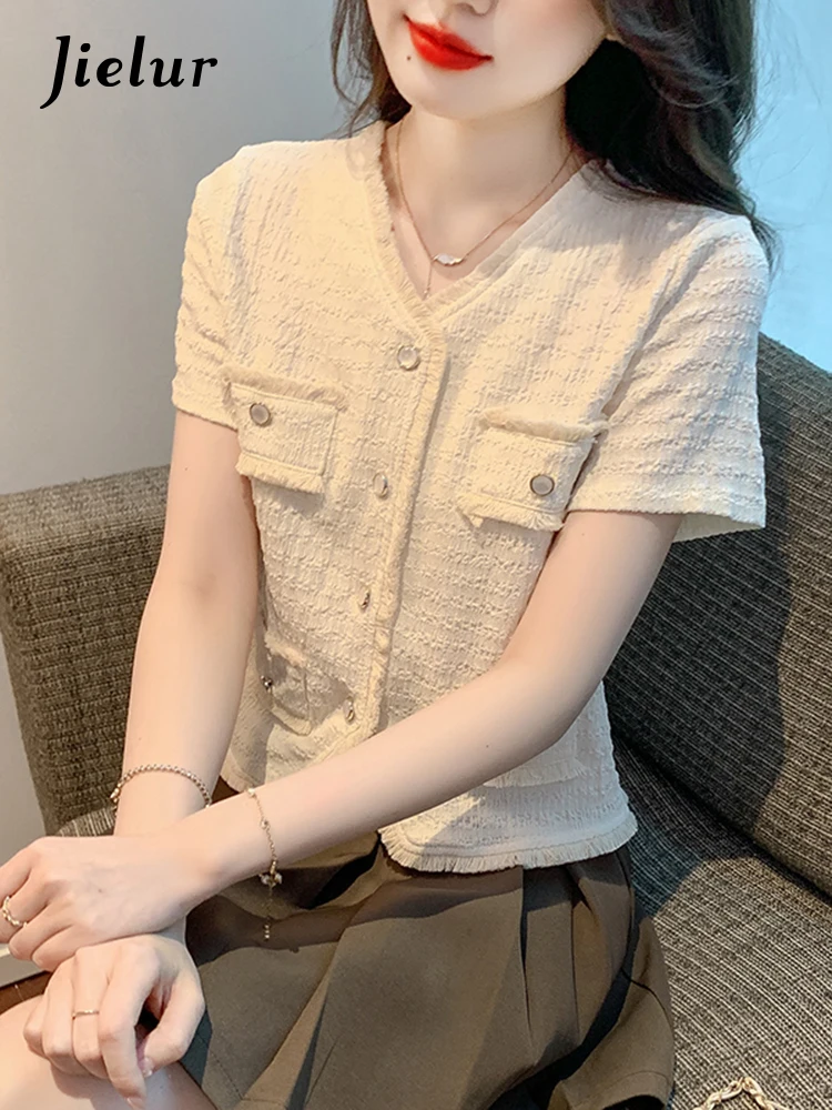 

Jielur Summer New French Solid Color Shirt Woman Sweet Elegant Loose Fashion Women Shirt Apricot Chicly Slim V-Neck Top Female