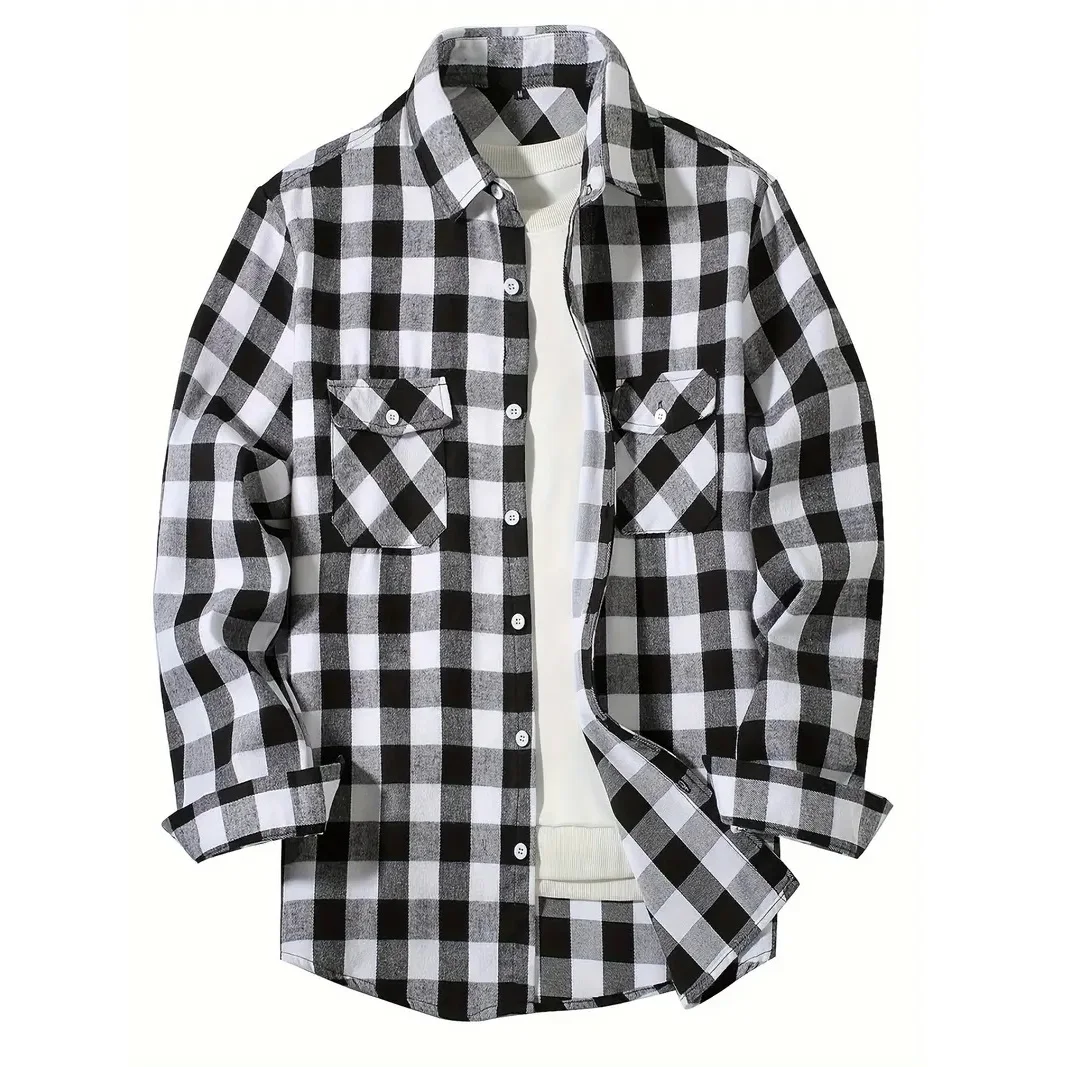 Men\'s Shirts Chest Two Pockets Button-Up Classic Plaid Smart Casual Flannel Shirt Long Sleeved Design Spring Autumn Men Tops