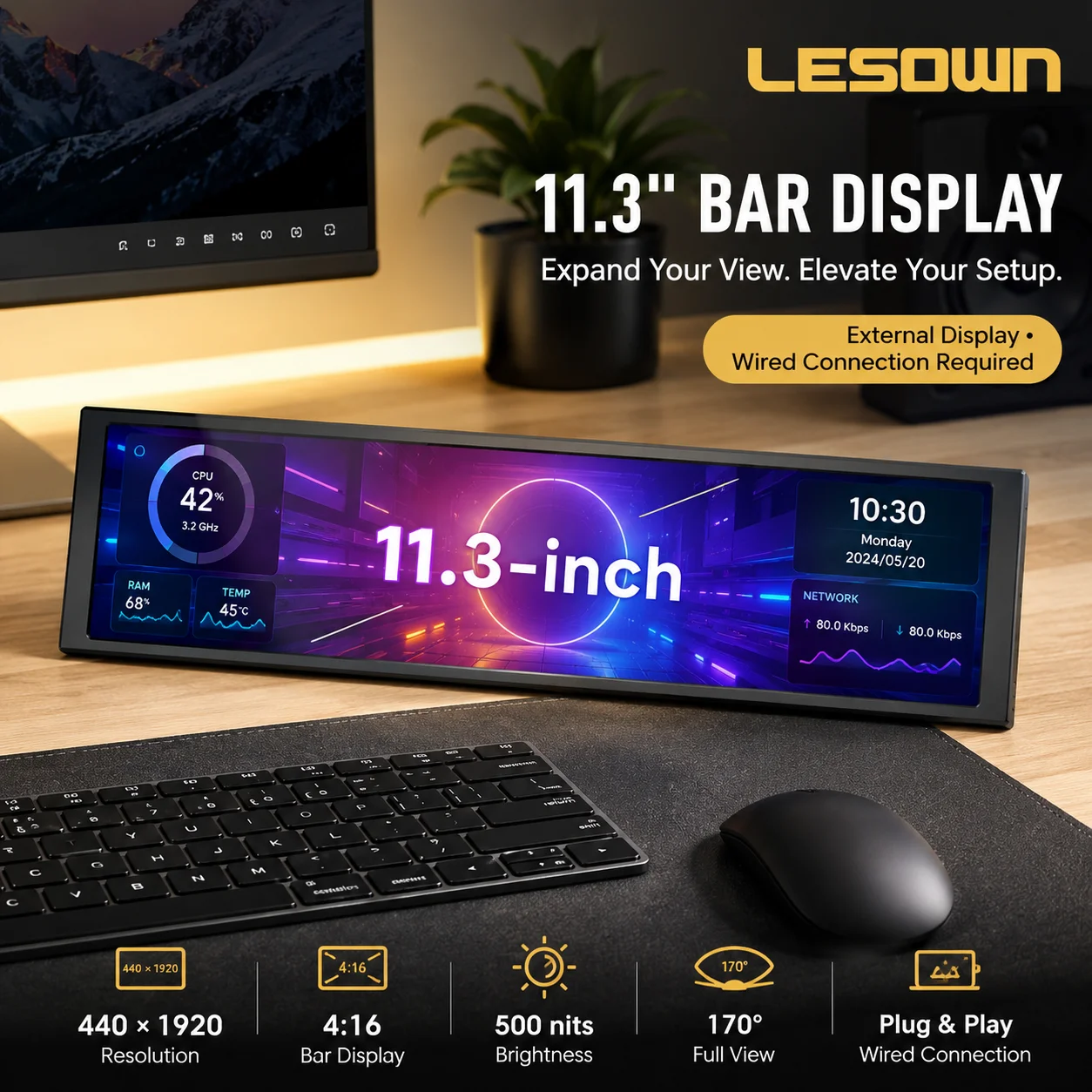 LESOWN 소형 확장 스크린 LCD 와이드 바 모니터 11.3 8.8 7.9 인치 440x1920 IPS HDMI 컴퓨터 라즈베리 파이 용 모니터 확장 썸네일 5