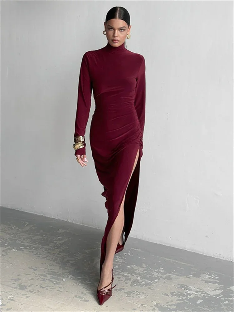 Casual Women Sexy High Split Long Sleeve Maxi Club Evening Party Dress Turtleneck Elegant New Fashion Bodycon Dress 2024