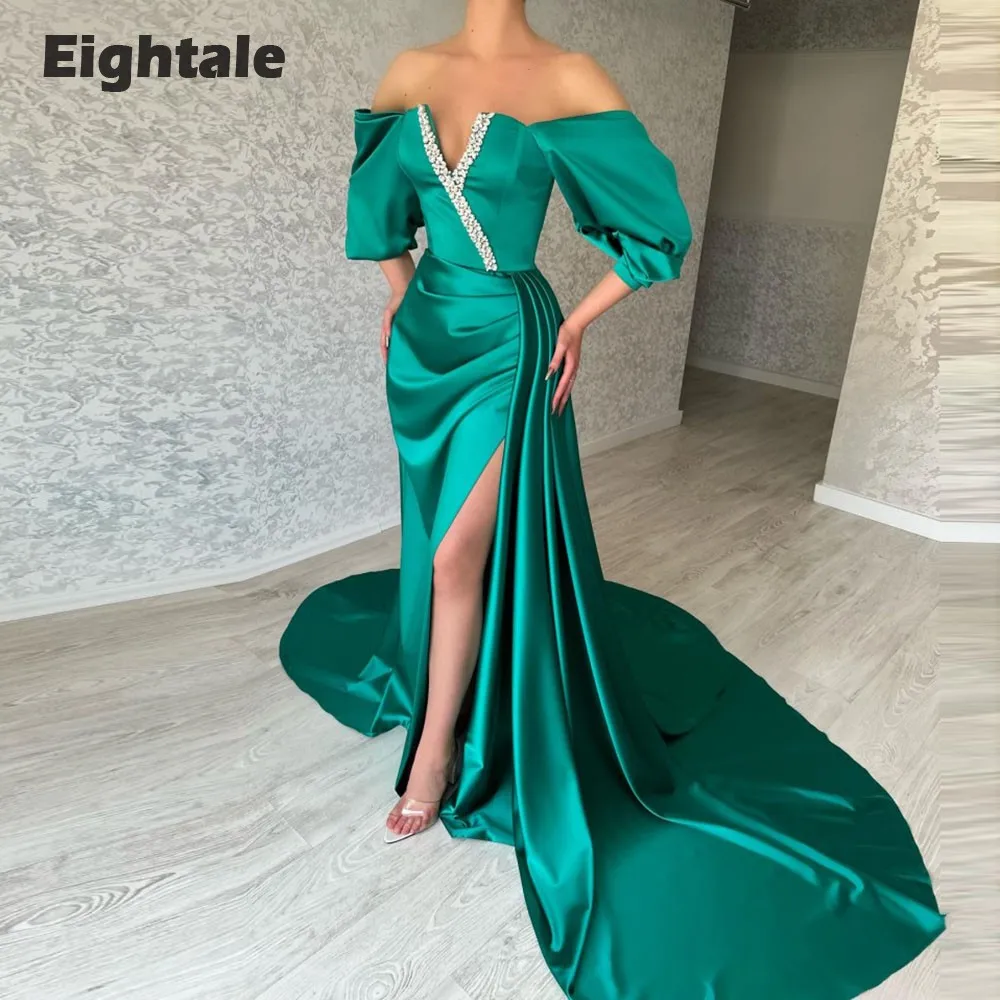 

Eightale Elegant Evening Dress V-Neck Off the Shoulder Beaded with Rhinestones High Side Slit Mermaid Prom Party Gown