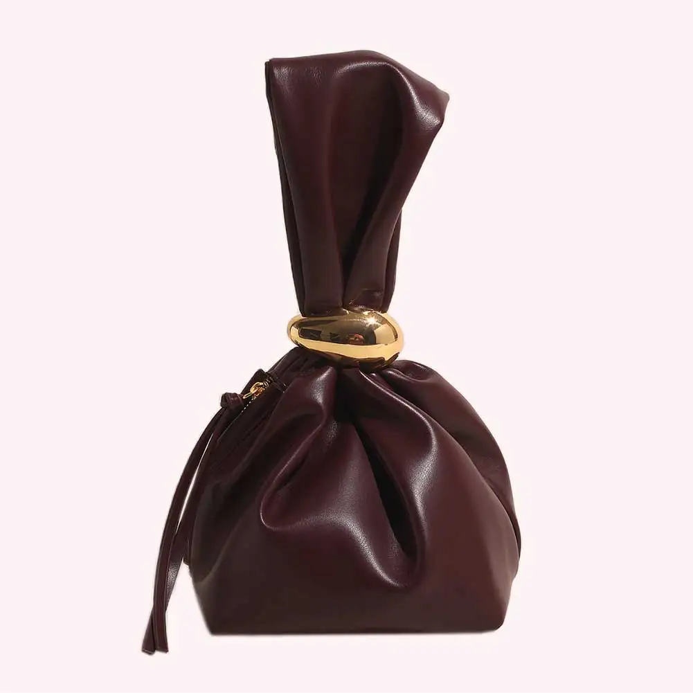 

Women PU Fashion Tote Bag Large Capacity Stylish Wristlet Handbag Zipper Closure Mini Bucket Bag Solid Color Casual Knot Pouch