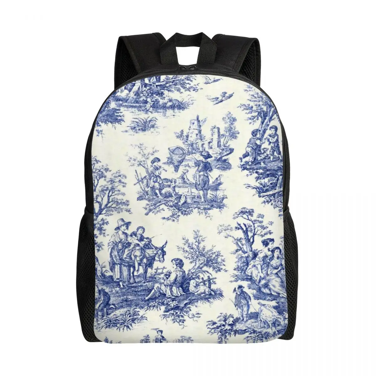 Custom French Navy Blue Toile De Jouy Motif Laptop Backpack Basic Bookbag College School Student Traditional France Art Bag