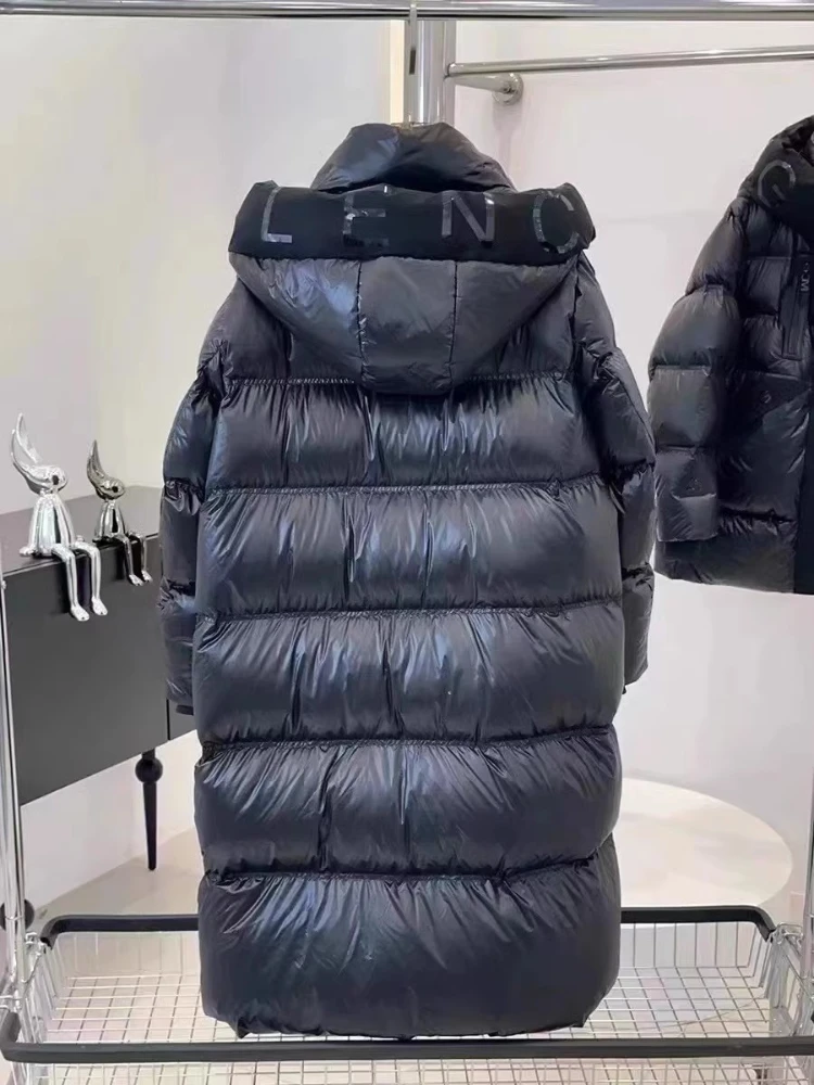 Bright Face Thicken Down Jacket Winter New Hooded Hot Stamping Letter Mid-Length Men Women Fashion Loose White Duck Puffer Coat