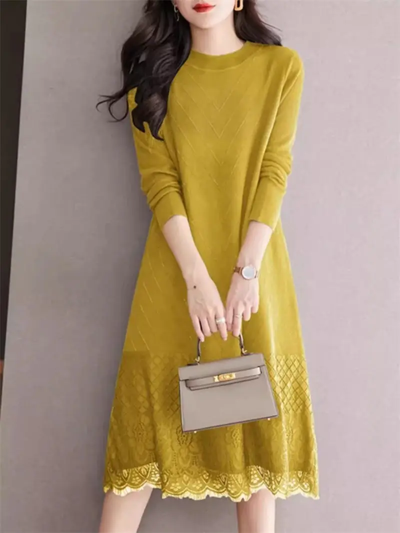 

Autumn/Winter Knitted Dress For Women's 2024 Spring New Mid Length Lace Bottom Fashion Sweater Dress Midi Pullover Shirt Z5004