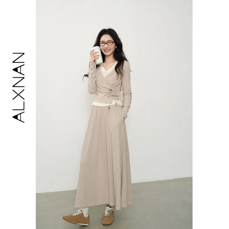 

ALXNAN длинная юбка овсянка для женщин 2025 повседневная элегантная юбка-миди трапециевидной формы свободного кроя с эластичным поясом и карманами женские L569115