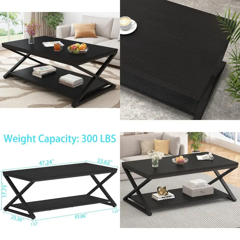 Modern 47 Inch Rectangle Coffee Table with Storage Shelf and Minimalist Industrial Design