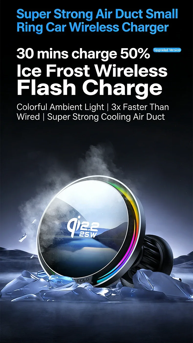 Qi2.2 25W ICE RGB Magnetisches Kabelloses Auto-Ladegerät Lüftungshalterung für iPhone 17 16 15 14 13 12 Samsung Xiaomi Schnell-Ladestation – Detail 5