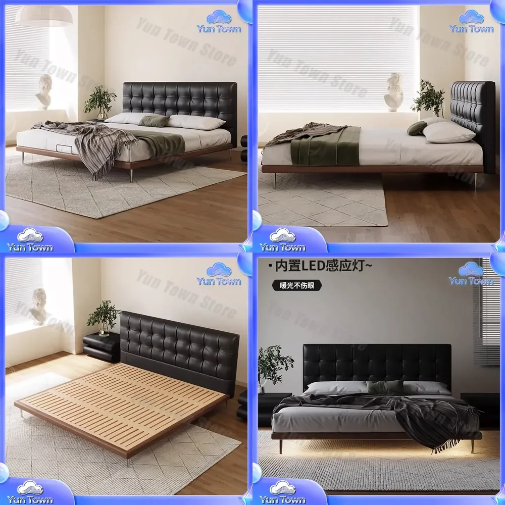 Medieval Style Solid Wood Leather Bed for Italian Minimalist Retro Decor Waffle Texture First Layer Cowhide Soft Upholstered