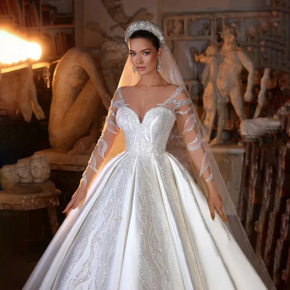 Luxuriöse A-Linie Brautkleider 2024, O-Ausschnitt, lange Ärmel, Pailletten, Satin, Hochzeitskleid, maßgeschneiderte hochwertige Prinzessin-Brautkleider