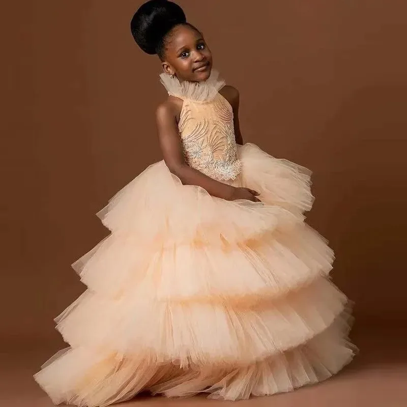 

Sleeveless Flower Girl Dresses for Wedding Lace Appliques Girl Gown for Photoshoot Layered First Communion Gowns Customized