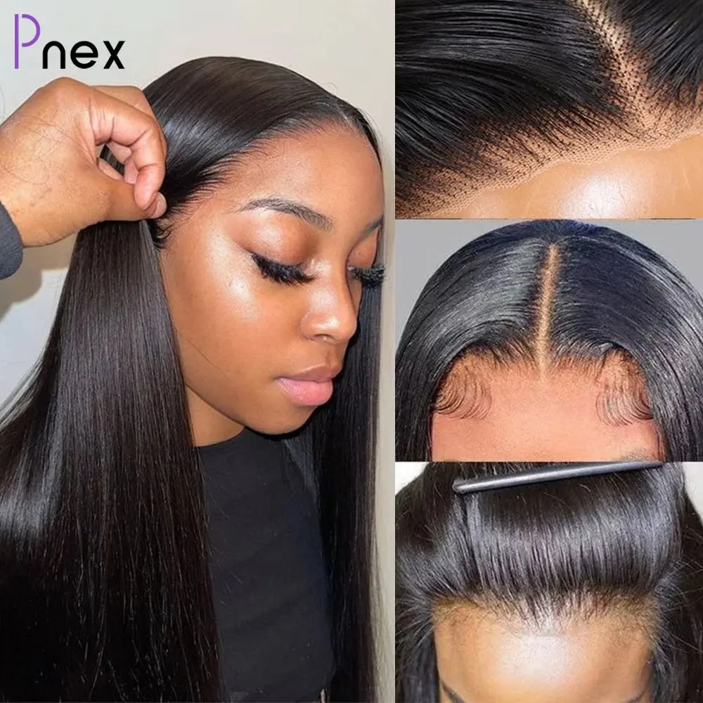 Natural Black 14 40 Inch 13X4 HD Lace Forehead Wig Human Hair 13x4 Straight 180 Density Women Pre-Plucked Closure