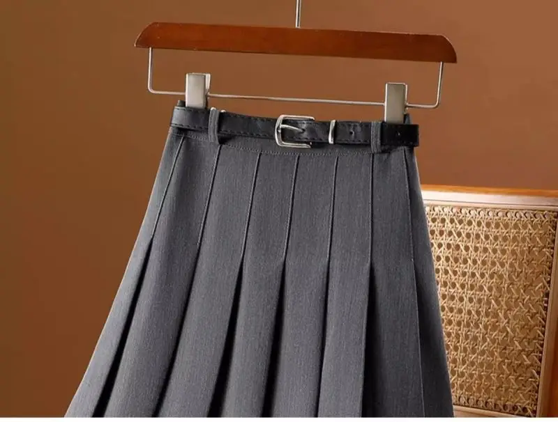 Gray Solid Folds Office Lady Casual High Waist A-line Loose Women's Skirt Mid-Calf Long Skirts For Women Clothing Fashion 2024