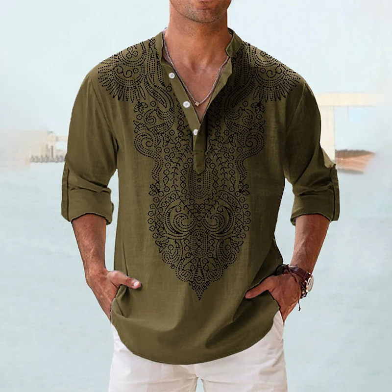 Ethnic Style 3D Print Henley Shirts Men\'s Fashion Vintage Oversized Stand Collar Long Sleeve Shirt Male Tops Blouse Man Clothing