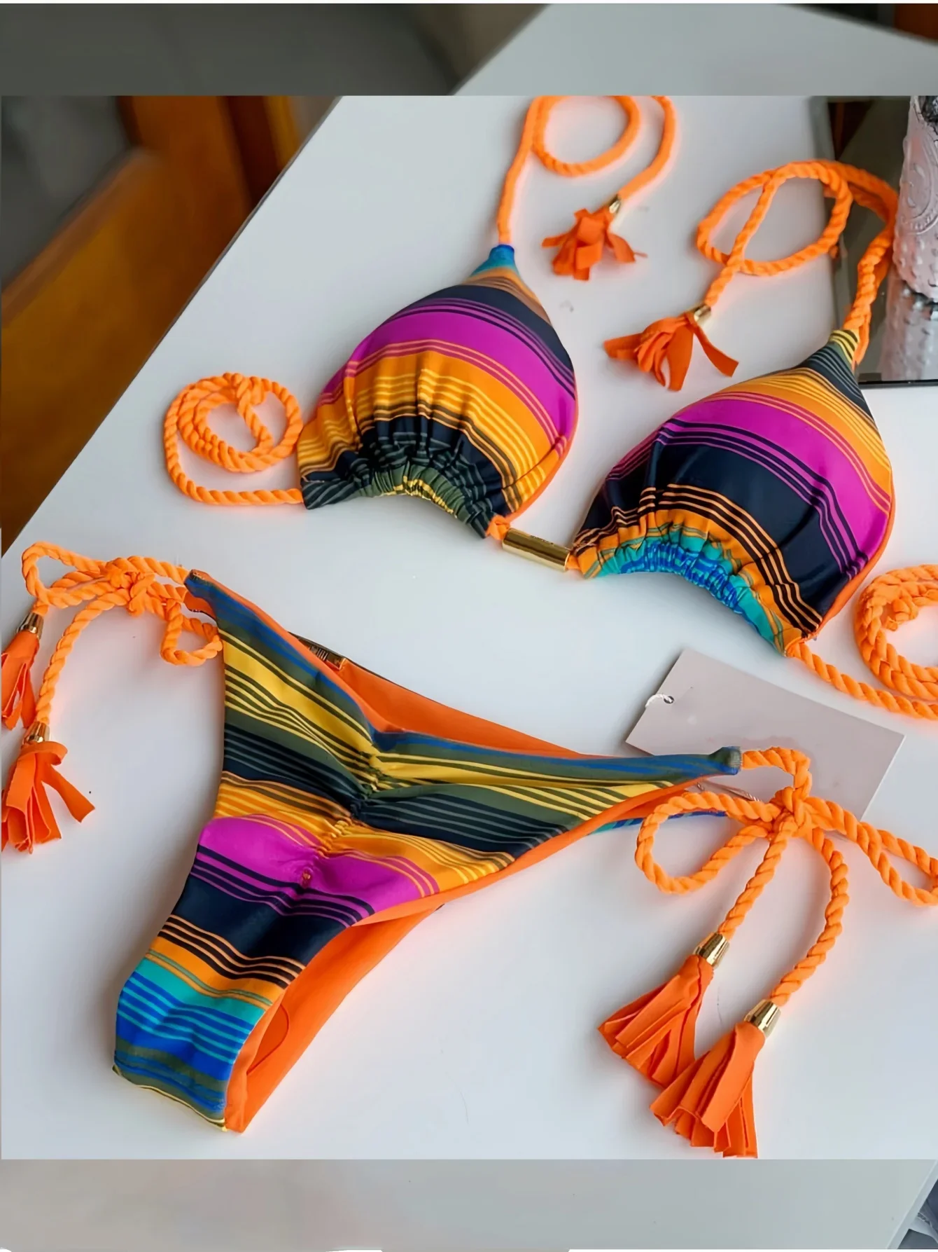 

New Ladies Sexy Printed Rope Bikini Split Beach Swimsuit