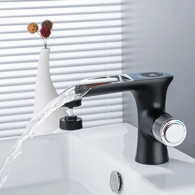 New Basin Faucet Temperture Digital Show Bathroom Black Wash basin Single Handle Hot and Cold Waterfall