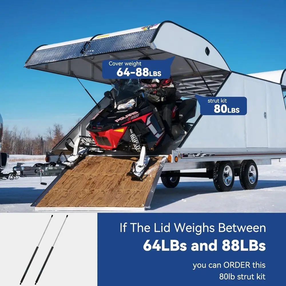 Suportes a gás extra longos 44 resistentes para cargas de 80LB, soquete esférico de 13MM, pacote com 2, adequados para reboques de snowmobile e cama de caminhão Cov