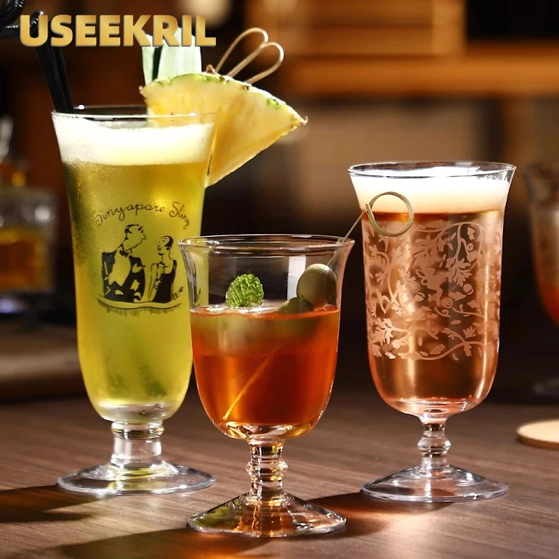 Japanese Style Carved Flower Cocktail Glasses Cup Creative Singapore Sling Glass Cups Juice Long Drink Cup Bar Home Accessories