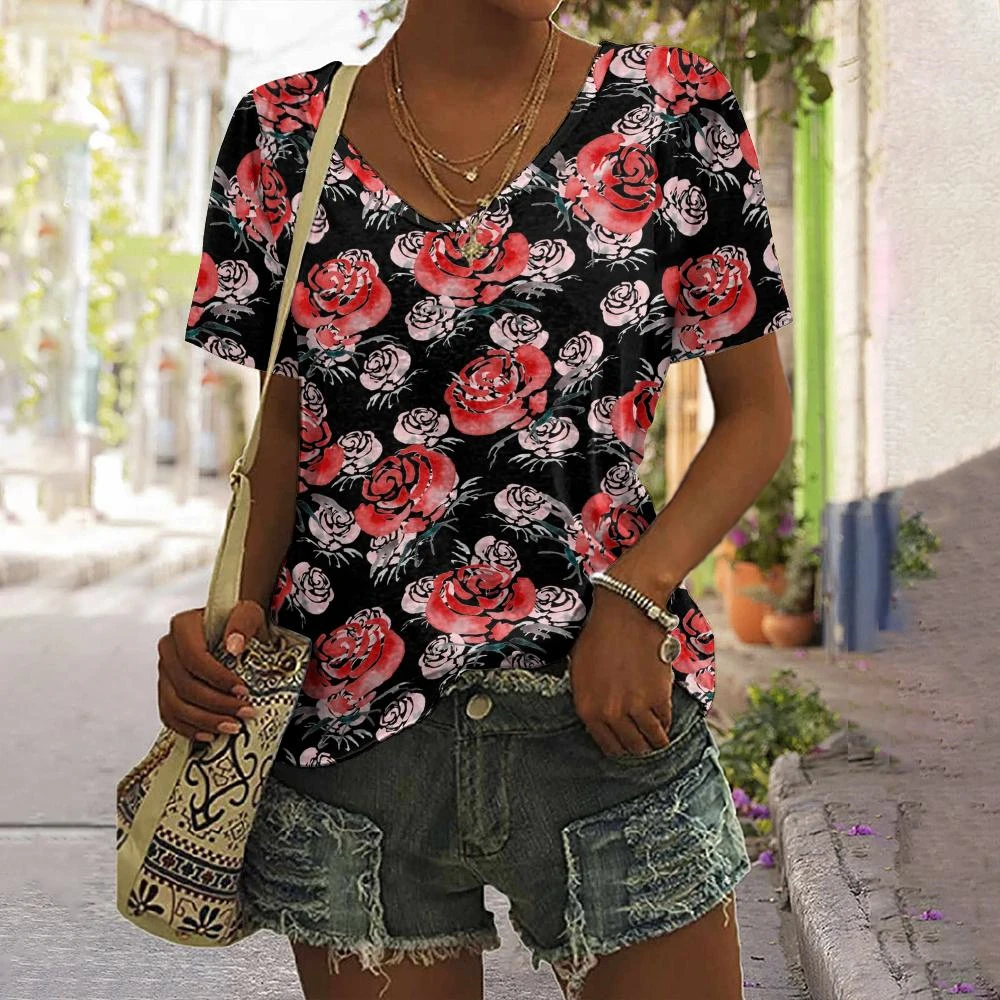 

Elegant Floral V-Neck Women's Plus Size T-Shirt Casual Short-Sleeved Harajuku 3D Printed Trendy Top V-Neck Street Loose Clothes