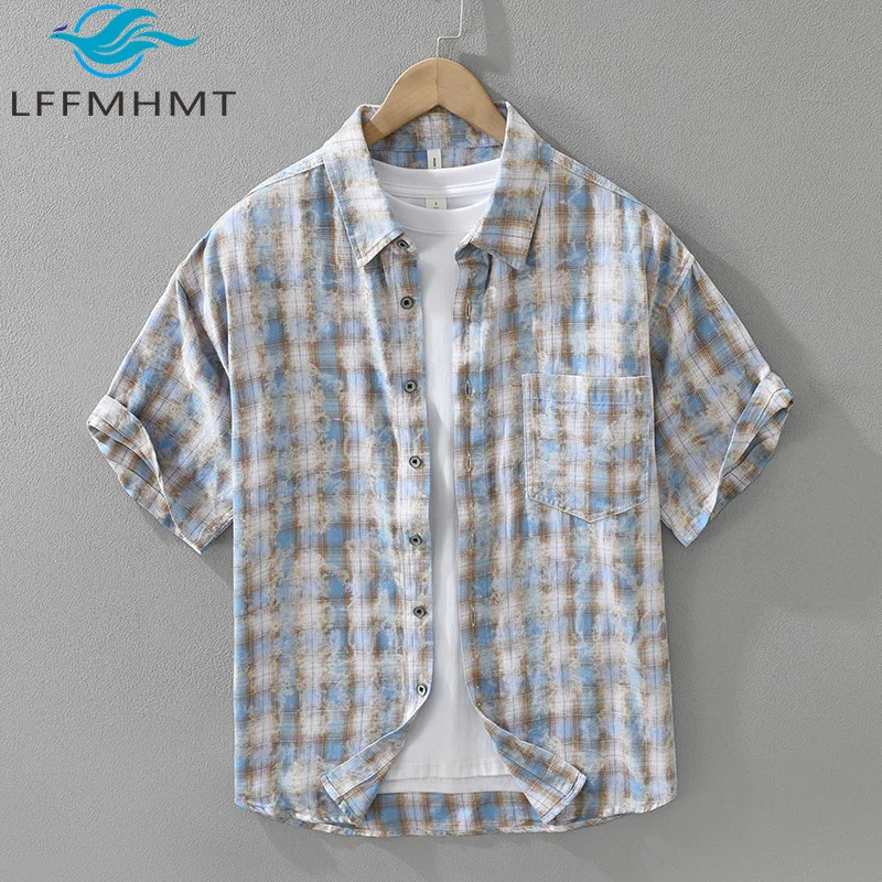 

100% Cotton Good Quality Plaided Shirt for Men Summer Fresh Style Fashion Short Sleeve Loose Casual Relax Fit Blouses Tops