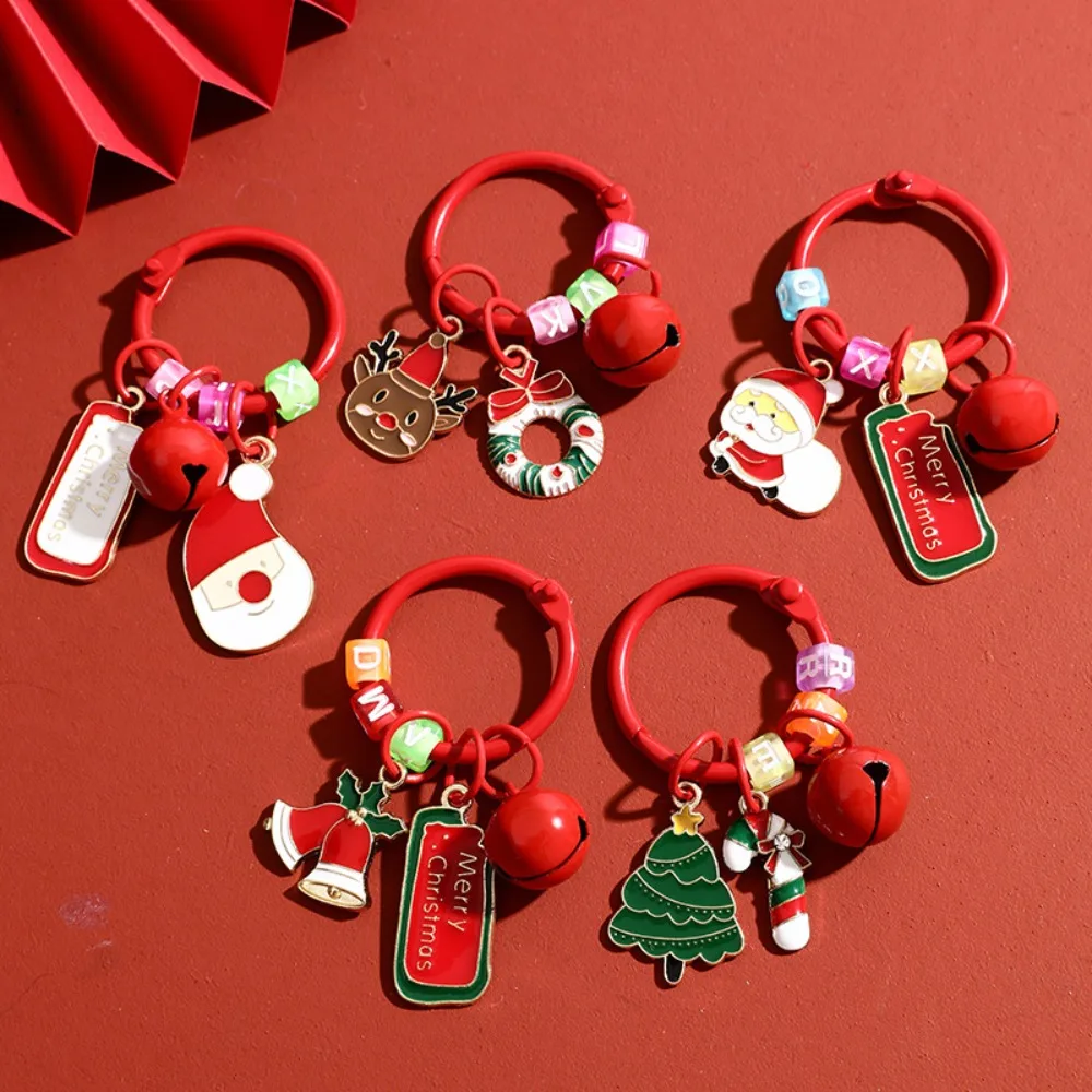 Porte-clés avec pendentif en forme d'étiquette de noël, dessin animé mignon, arbre de noël, Sants Claus, avec cloche, cerf exquis, ornements