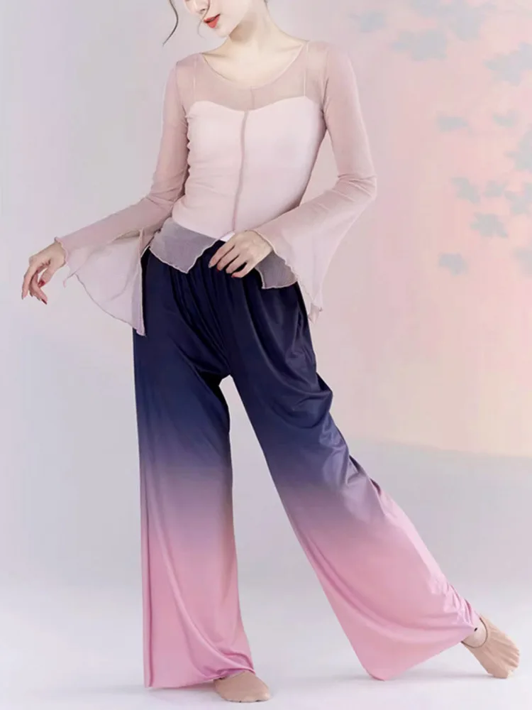 Blusa de malha com gola redonda de cor sólida com mangas sino e fendas laterais, roupa de dança de manga comprida respirável para performance