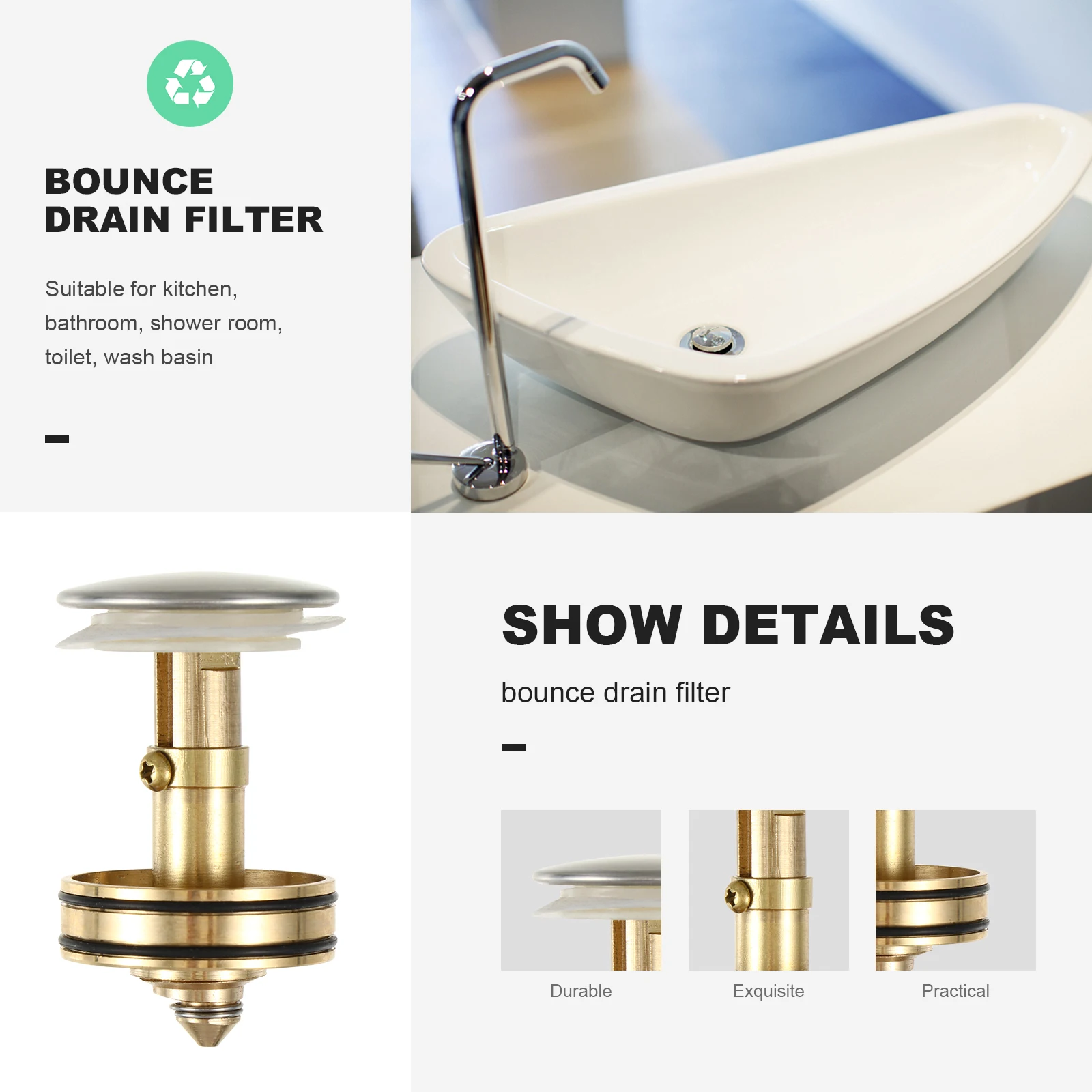 

Bounce Drain Filter Wash Basin Drainer Golden Popup Sink Plug Strainer Garbage Up Kitchen Bathroom Shower Room Sturdy Durable