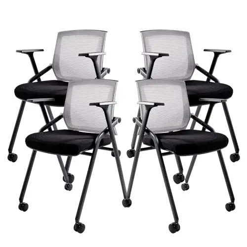 Conference Room Chairs, Folding Office Desk Chair with Lumbar Support and Sliding Armrest with Casters, Stackable