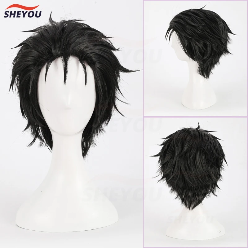 Okabe Rintarou Cosplay Wigs Anime Steins Gate Short Black Hououin Kyoma Heat Resistant Synthetic Hair Halloween Wig + Wig Cap