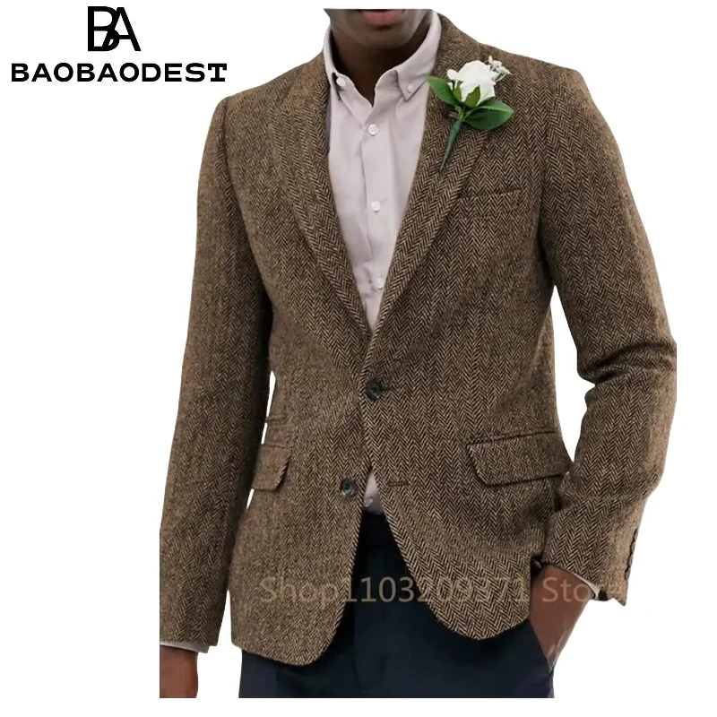 

1 Pieces Men's Suit Jacket Herringbone Tweed Wool Jacket Winter Warm Short Jacket Retro Slim Fit Men Blazer Coat Wrinkle-Resis