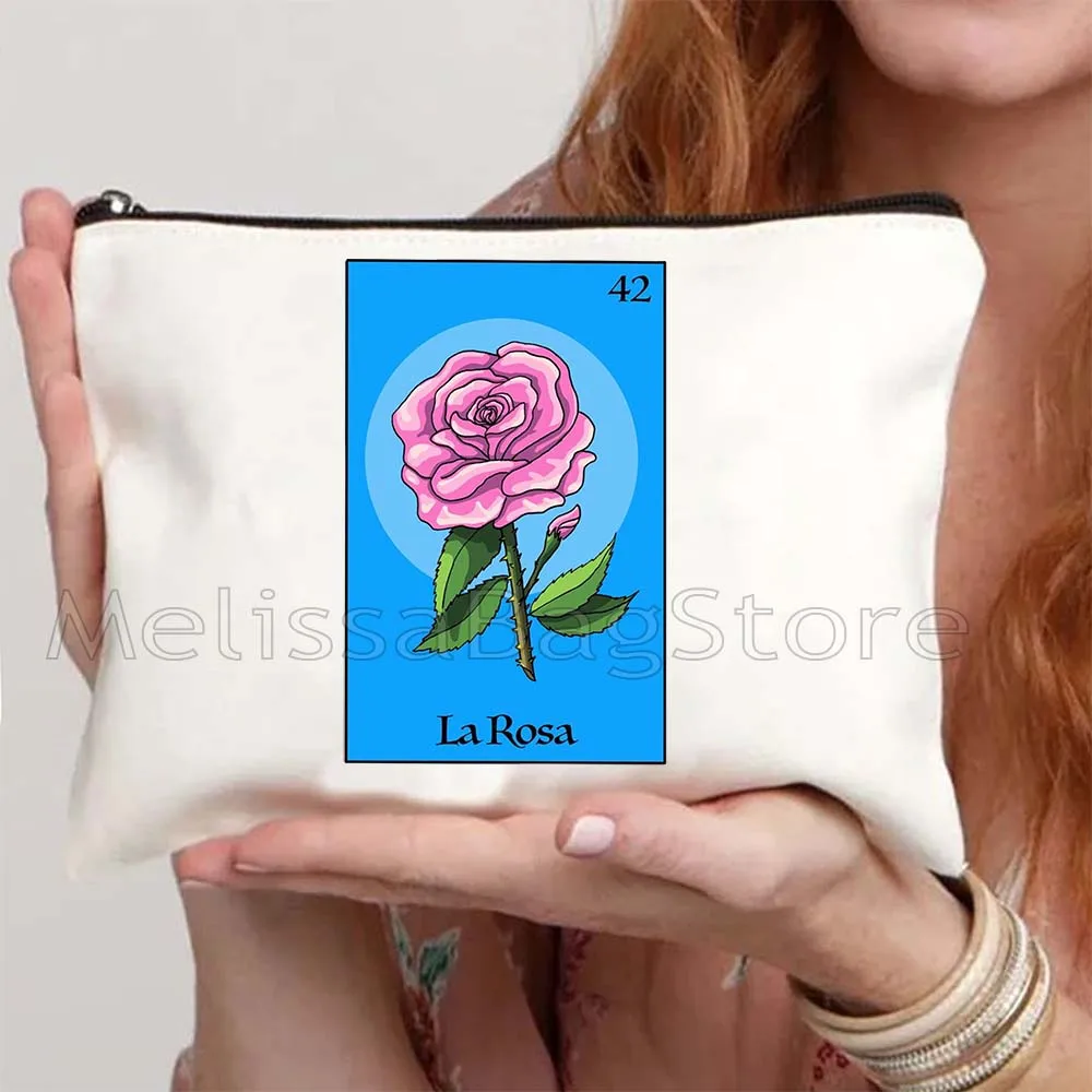 The Heart Aztec Star Umbrella Watermelon ROSA Mexican Loteria Bingo Card Art Canvas Cosmetic Makeup Toilet Bag Pencil Case Pouch