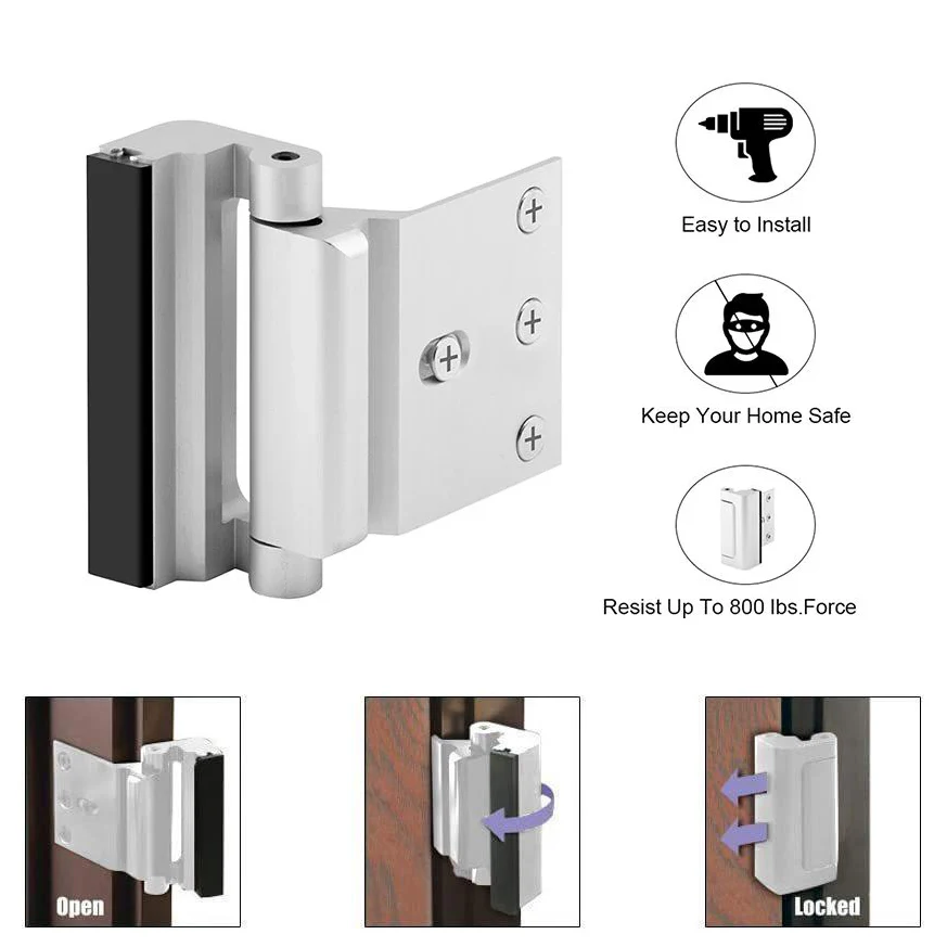 

Home Door latch Security Door Upgraded Reinforcement Lock Childproof Security Lock 3" Stop For Inward Swinging Withstand 800 Lbs