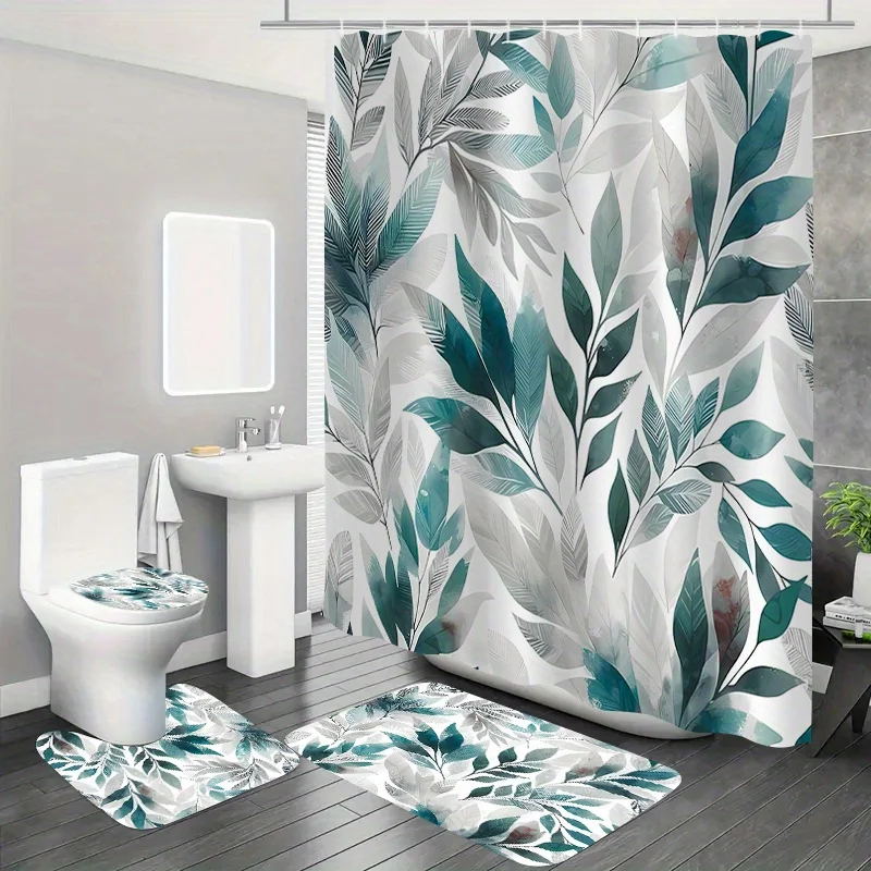 

4pc Urban jungle theme phantom solid green leaf pattern polyester fabric shower curtain toilet mat non-slip mat U-shaped mat