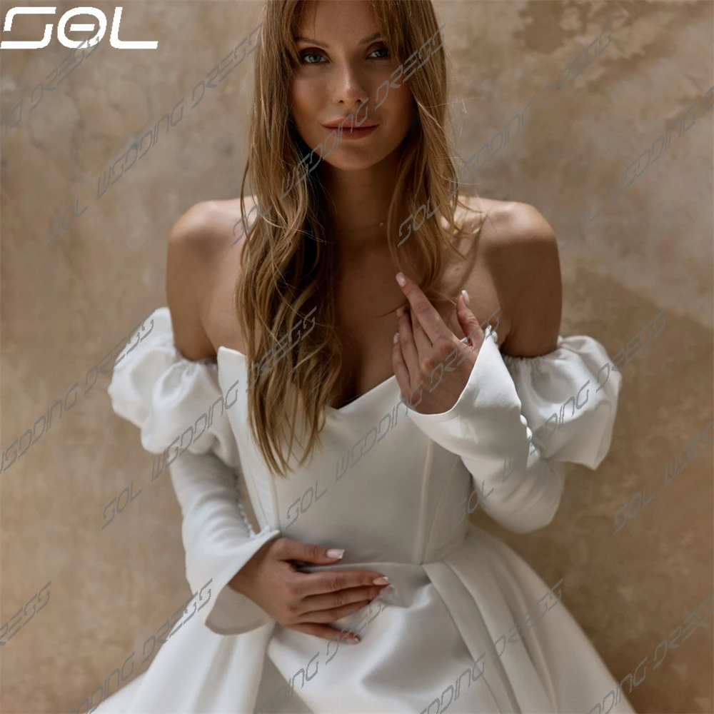 SOL Simple mezze maniche a sbuffo spacco laterale alto abiti da sposa in raso elegante Backless Sweep Train abiti da sposa Vestidos De Novia