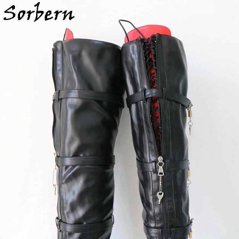 Sorbern Black Long Boots Women With Locks Red Tongue Block High Heels Lockable Zippers Platform Round Toe Shoes Custom Wide Legs