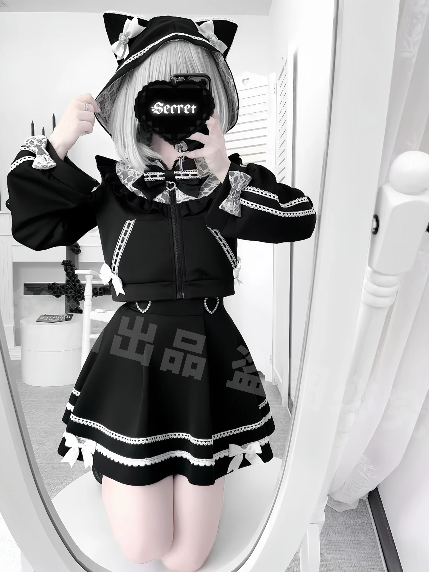 

Lolita Academy с милыми кошачьими ушками, осенне-зимний топ с длинными рукавами, короткая юбка, спортивная одежда, черный водный комплект