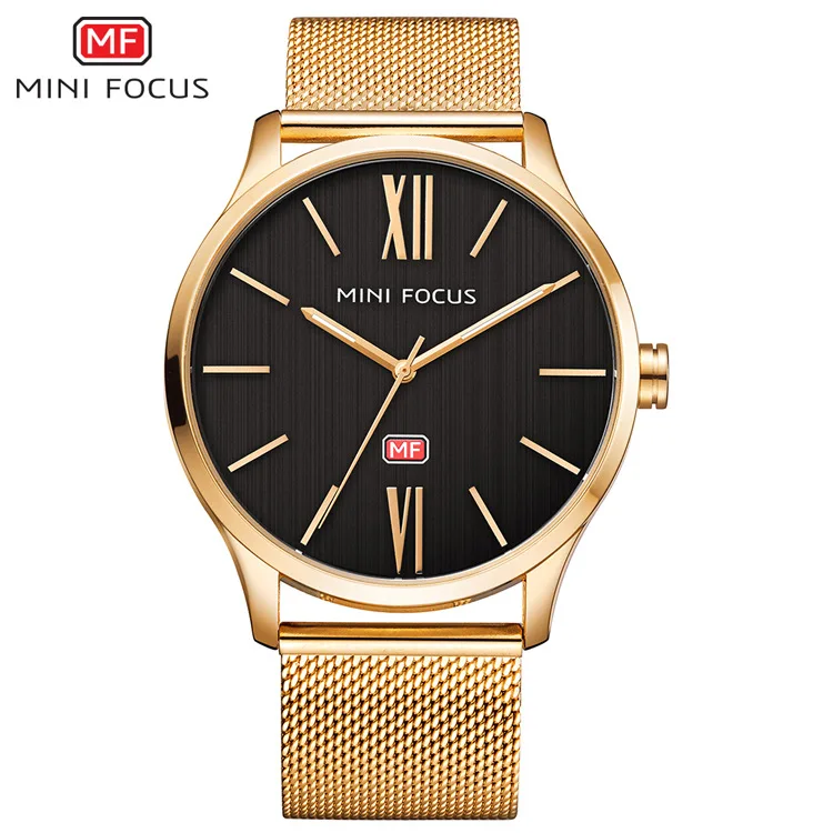 MINI FOCUS Men Ultra Slim Gold Quartz Watch Roman Dial Mesh Band Waterproof Male Business Casual Birthday Daily Wristwatch Gifts