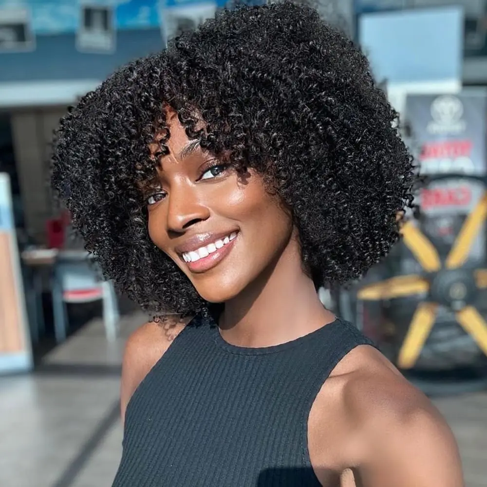 

Afro Kinky Curly Wigs Human Hair Short Curly Bob Human Hair Wig with Bangs Machine Made Short Kinky Curly Wigs for Black Women