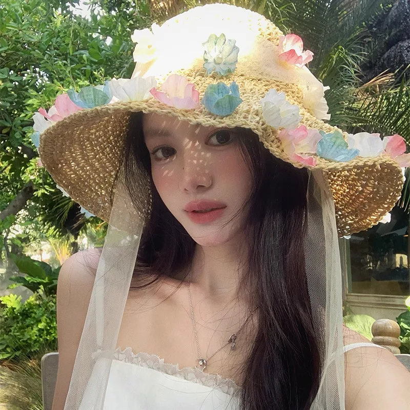 

Korean Pastoral Style Flower Big Brim Straw Hat Women Summer Vacation Beach Seaside Sunshade Foldable Lace Mesh Lace-up Sun Cap