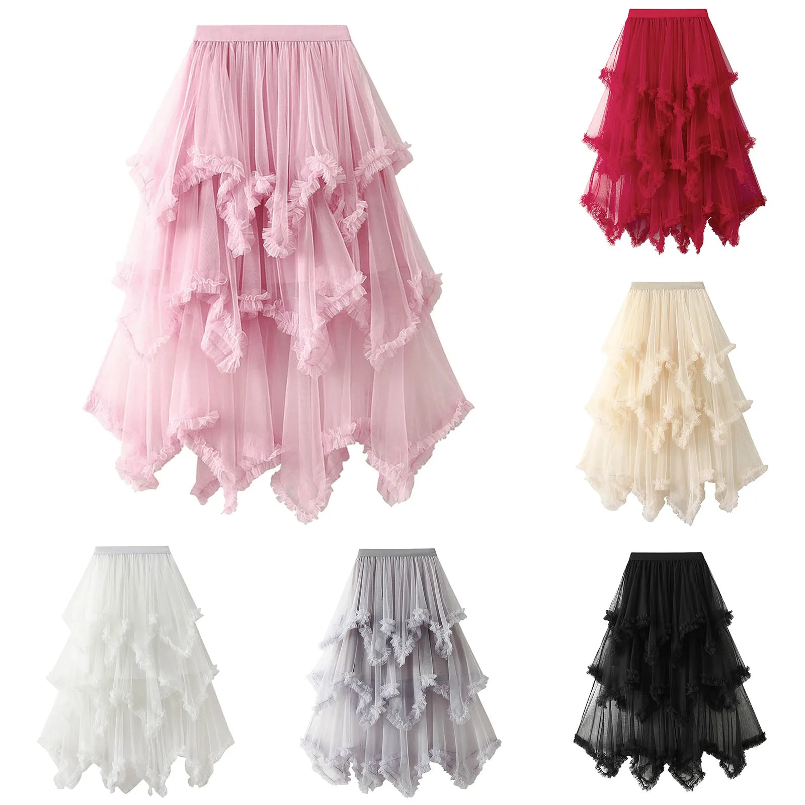 

Tulle Pleated Irregular Design Long Skirt for Women Fashion Sweet Tiered A Ling High Waist Mesh Midi Skirt Female Spring Autumn