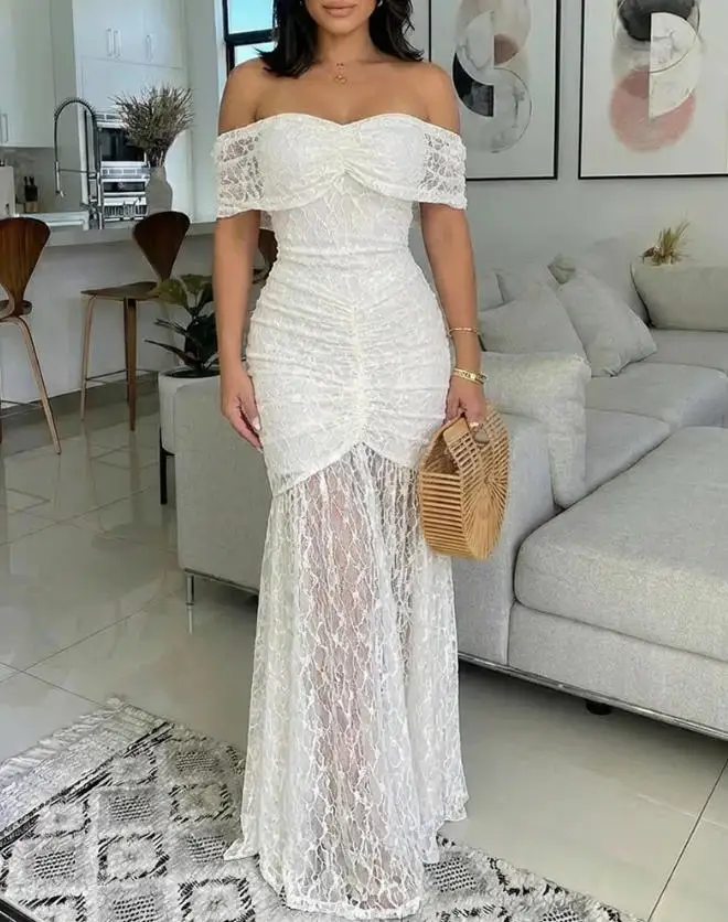 

Women Dress 2026 Spring New Foldover Off Shoulder Ruched Textured Lace Overlay Maxi Dress Elegant Mermaid Hem Evening Dress