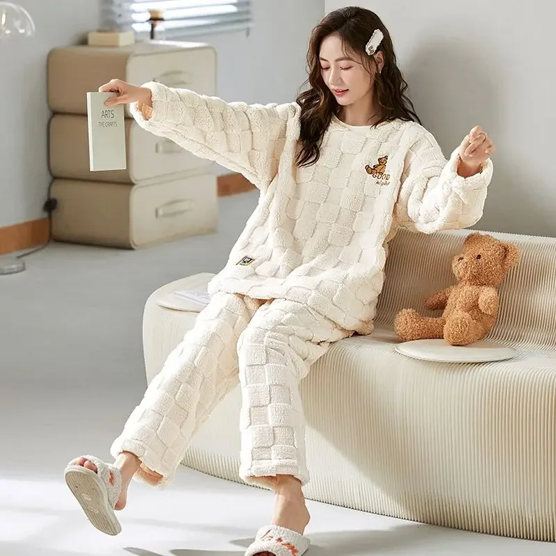 Coral Fleece Sleepwear Women Winter Warm Pajamas Sets Kawaii Clothes Long Sleeve Pullover Pant Loungewear Loose Nightwear Korean