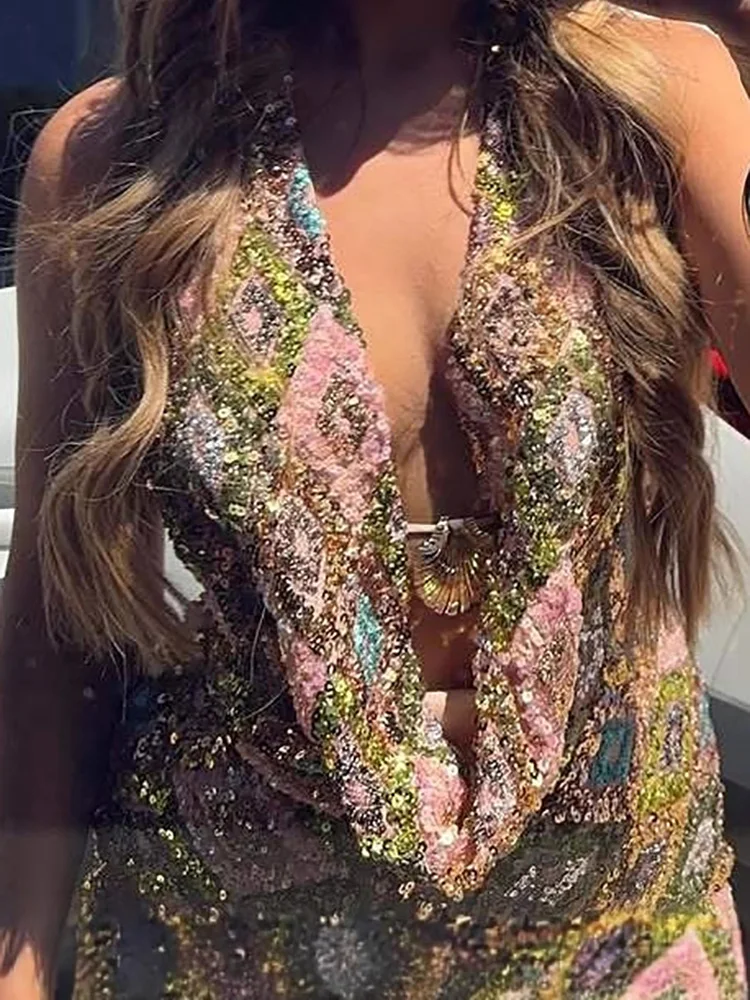 

Женский весенний драпированный топ с распашным воротником и мини-юбкой, шикарный сексуальный цветной блестящий наряд с блестками, летний полый праздничный костюм с открытой спиной
