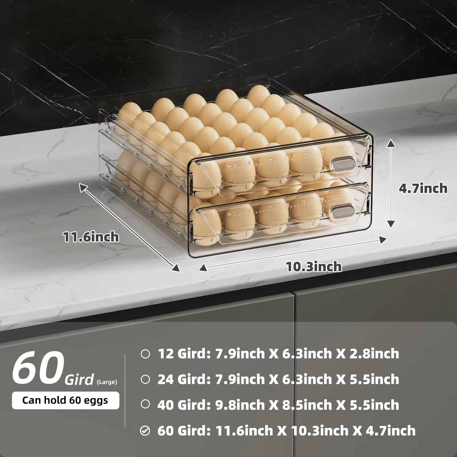 Contenedor transparente de 60 huevos para refrigerador, soporte para huevos para nevera, contenedor de almacenamiento de huevos apilable, bandeja de caja de almacenamiento de huevos frescos