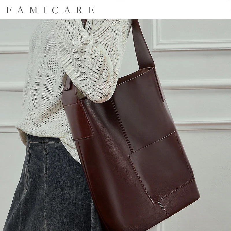 Women Spacious Bucket Tote 2025 New Vegetable Tanned Top Grain Leather Single Shoulder Handheld Bag Popular Versatile Handbag